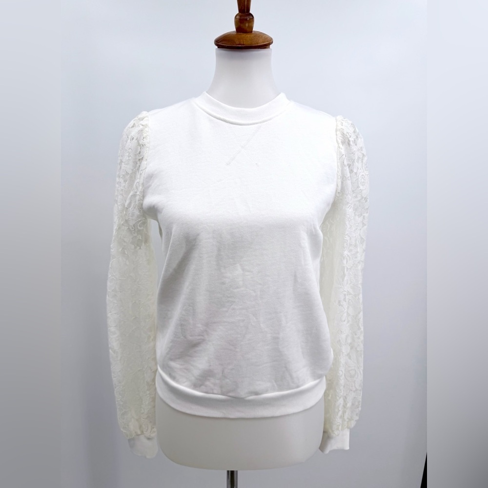 CAMI NYC White Risa Lace Sleeve Sweatshirt XS - Picture 2 of 11